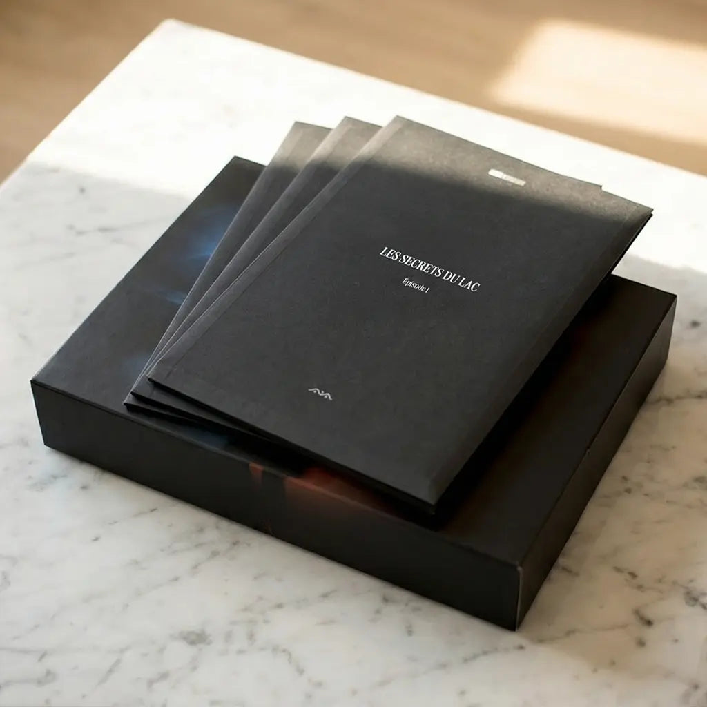 Une boite du jeu d'enquête immersif Deep Detective posé sur une table basse. 3 enveloppes noirs pour chacun des épisodes de l'enquête