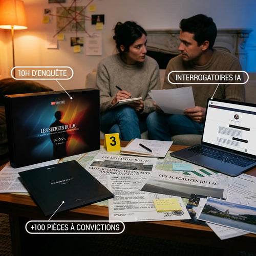 Deep Detective Les Secrets du Lac - couple jouant au jeu d'enquête avec +100 pièces à conviction, 10h d'enquête et interrogatoires IA sur ordinateur