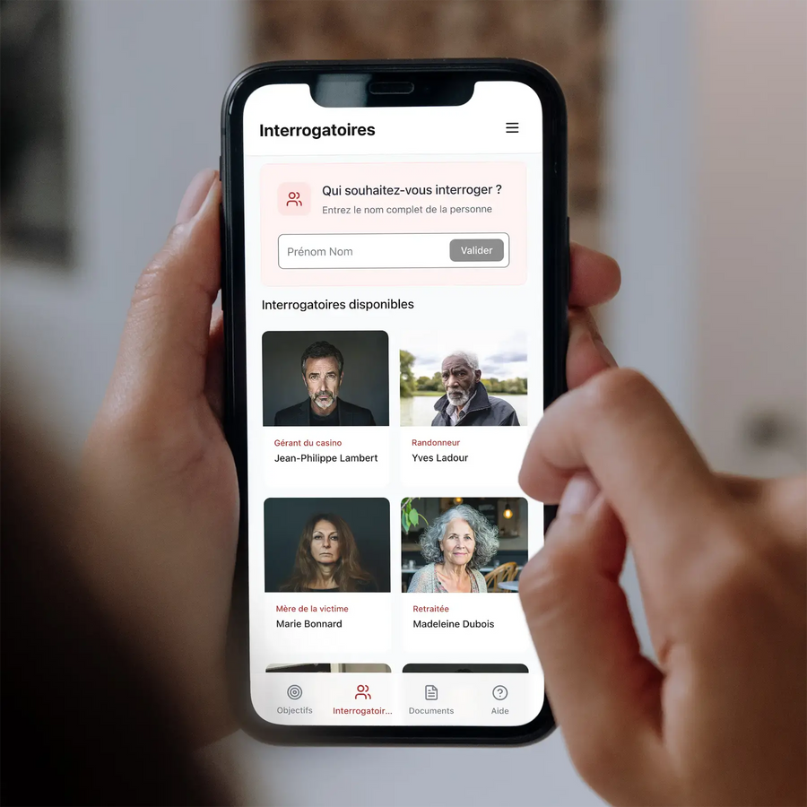 Interface Deep Detective affichant la liste des suspects à interroger par IA