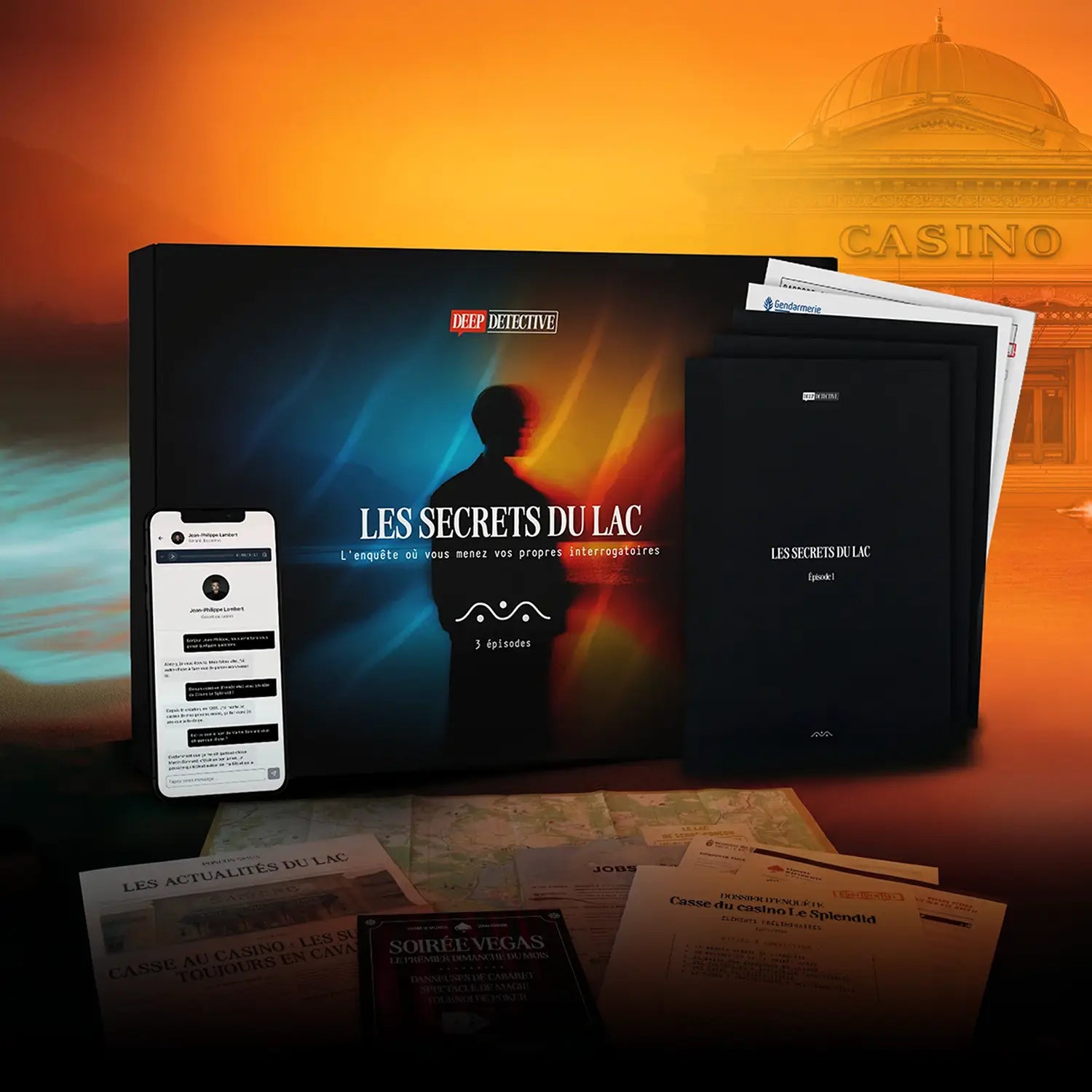 Boite de jeu Deep Detective - Les Secrets du Lac. Jeu d'enquête policière hybride physique-digital pour 1 à 5 joueurs dès 14 ans. Includes : documents d'enquête authentiques (rapports de gendarmerie, cartes, journaux), carnet d'épisode, et accès à la plateforme digitale pour mener vos propres interrogatoires en IA. 3 épisodes, environ 10h de jeu. Noté 4,8/5.