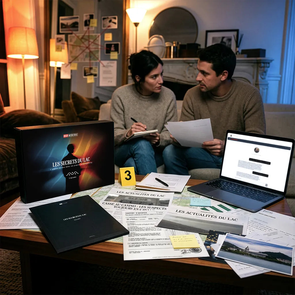 Couple qui joue au jeu d'enquête immersive Deep Detective depuis leur salon assis sur leur canapé. Des indices, la boite du jeu et un ordinateur sont ouverts sur la table basse. Ils prennent des notes et interrogent des témoins pour résoudre l'enquête.