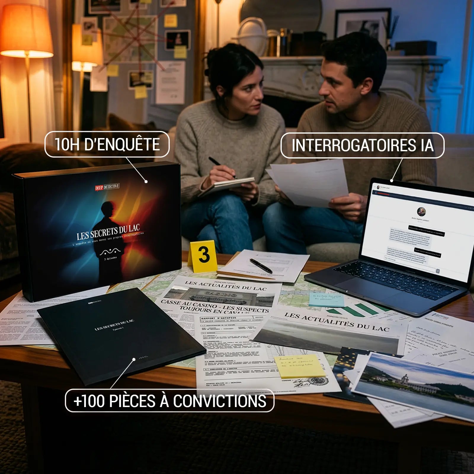 Deep Detective Les Secrets du Lac - couple jouant au jeu d'enquête avec +100 pièces à conviction, 10h d'enquête et interrogatoires IA sur ordinateur