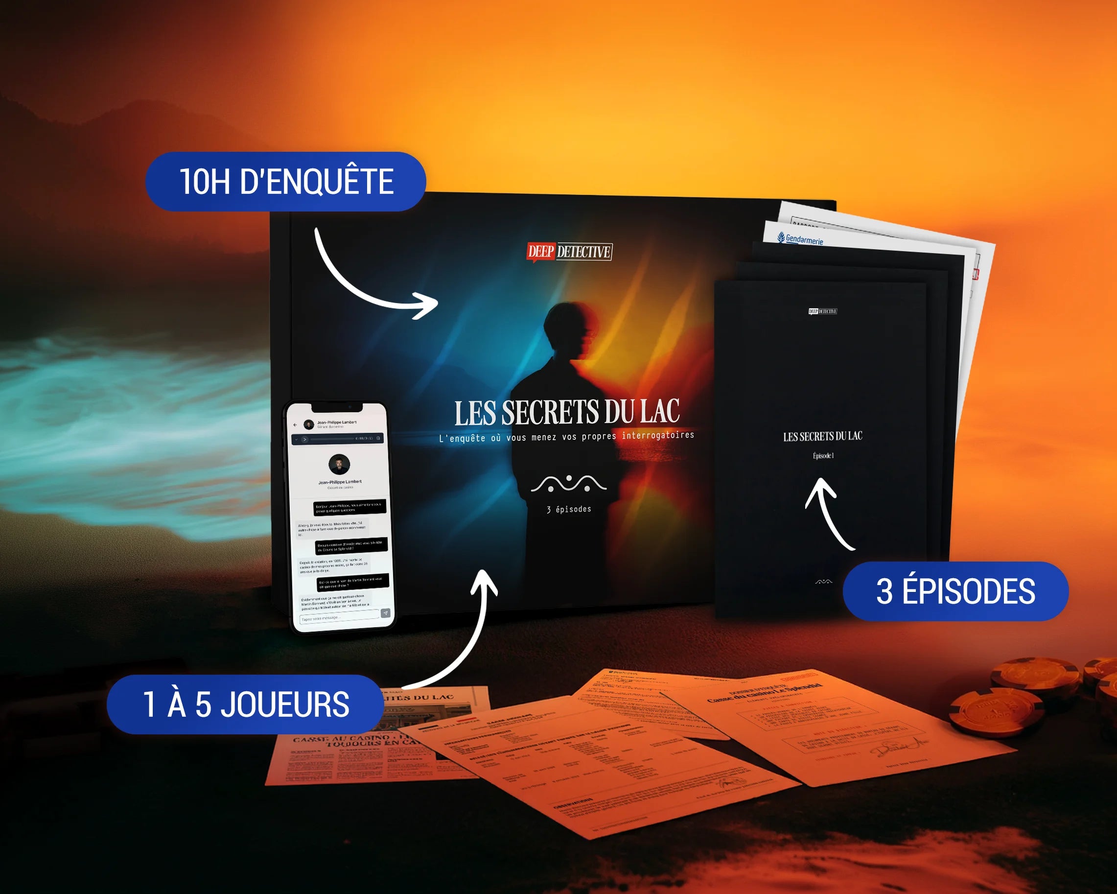 Coffret du jeu d’enquête Les Secrets du Lac de Deep Detective, contenant 3 épisodes, 10 heures d’enquête et plus de 35 suspects à interroger en direct.