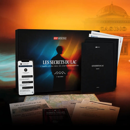 Box d’enquête immersive Deep Detective Les Secrets du Lac, contenant des indices physiques, des documents d’enquête et une interface digitale accessible sur mobile ou ordinateur pour interroger les suspects en temps réel grâce à l’intelligence artificielle.