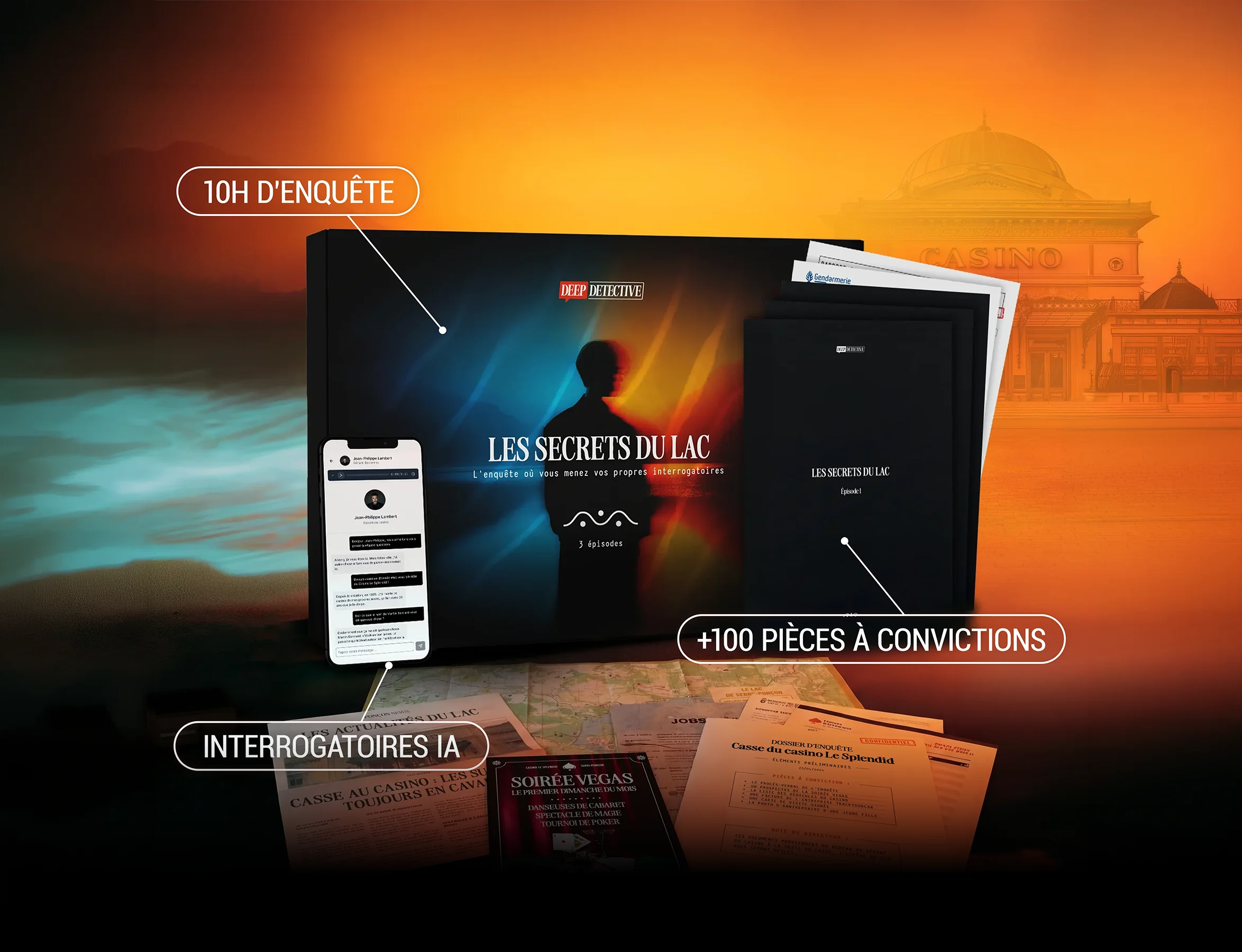 Box d’enquête immersive Deep Detective « Les Secrets du Lac », contenant des indices physiques, des documents d’enquête et une interface digitale accessible sur mobile ou ordinateur pour interroger les suspects en temps réel grâce à l’intelligence artificielle.