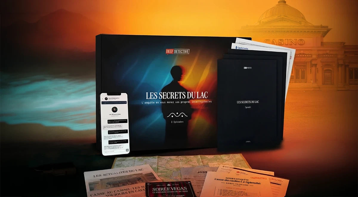 Box d’enquête immersive Deep Detective Les Secrets du Lac, contenant des indices physiques, des documents d’enquête et une interface digitale accessible sur mobile ou ordinateur pour interroger les suspects en temps réel grâce à l’intelligence artificielle.
