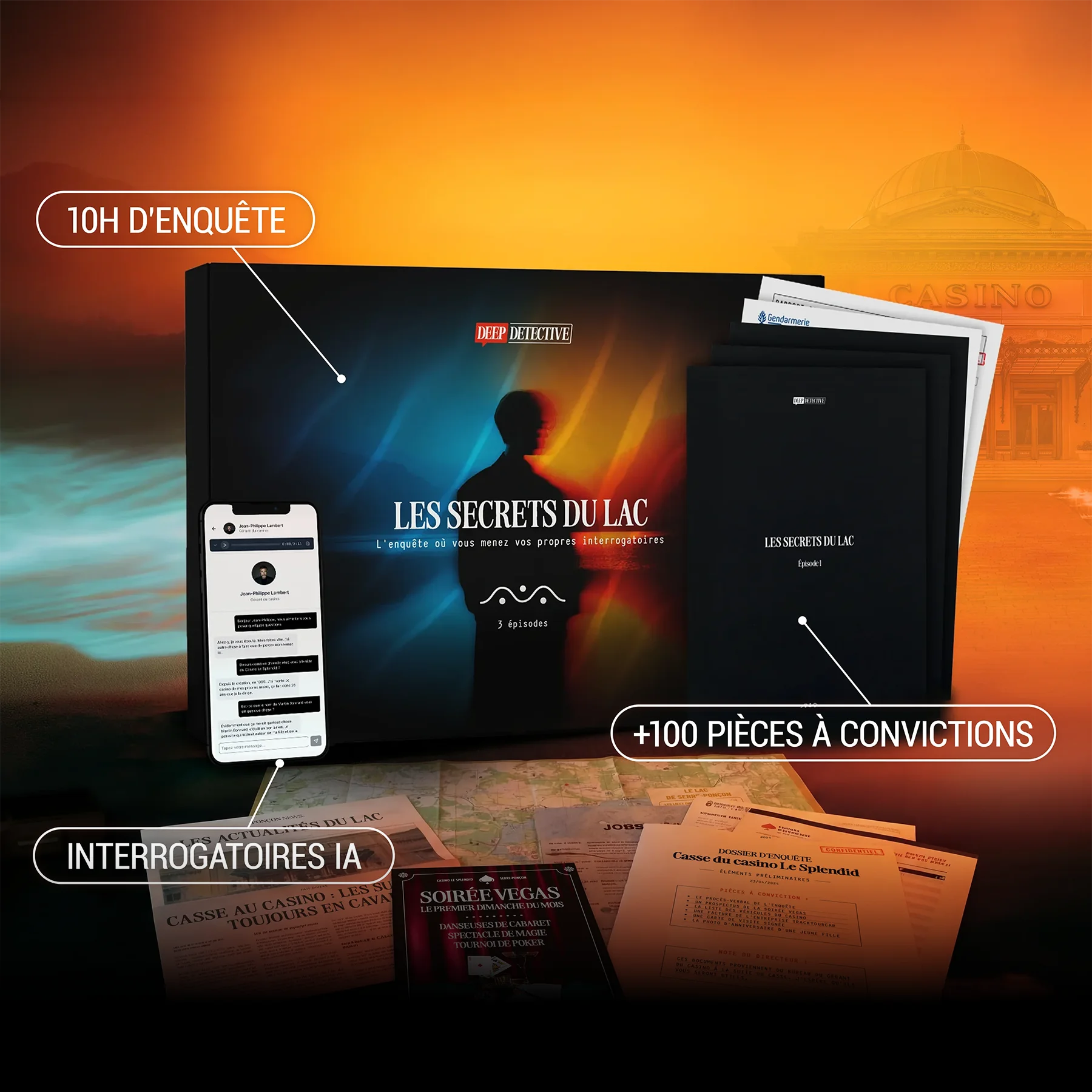 Box d’enquête immersive Deep Detective Les Secrets du Lac, contenant des indices physiques, des documents d’enquête et une interface digitale accessible sur mobile ou ordinateur pour interroger les suspects en temps réel grâce à l’intelligence artificielle.
