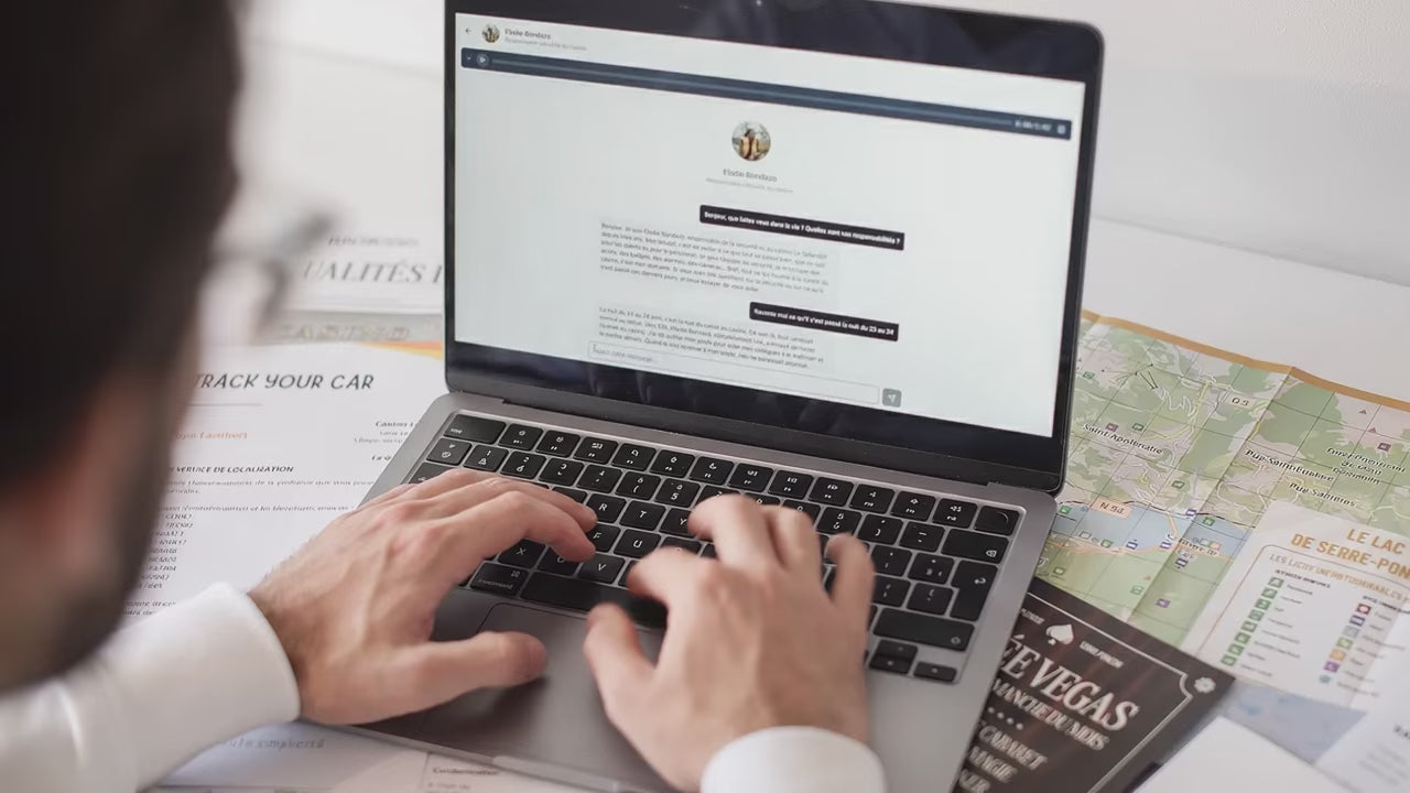 Un enquêteur Deep Detective est entrain d’interroger un témoin de l’affaire sur ordinateur, carte du lac de Serre-Ponçon à côté, dans une enquête immersive à la maison.