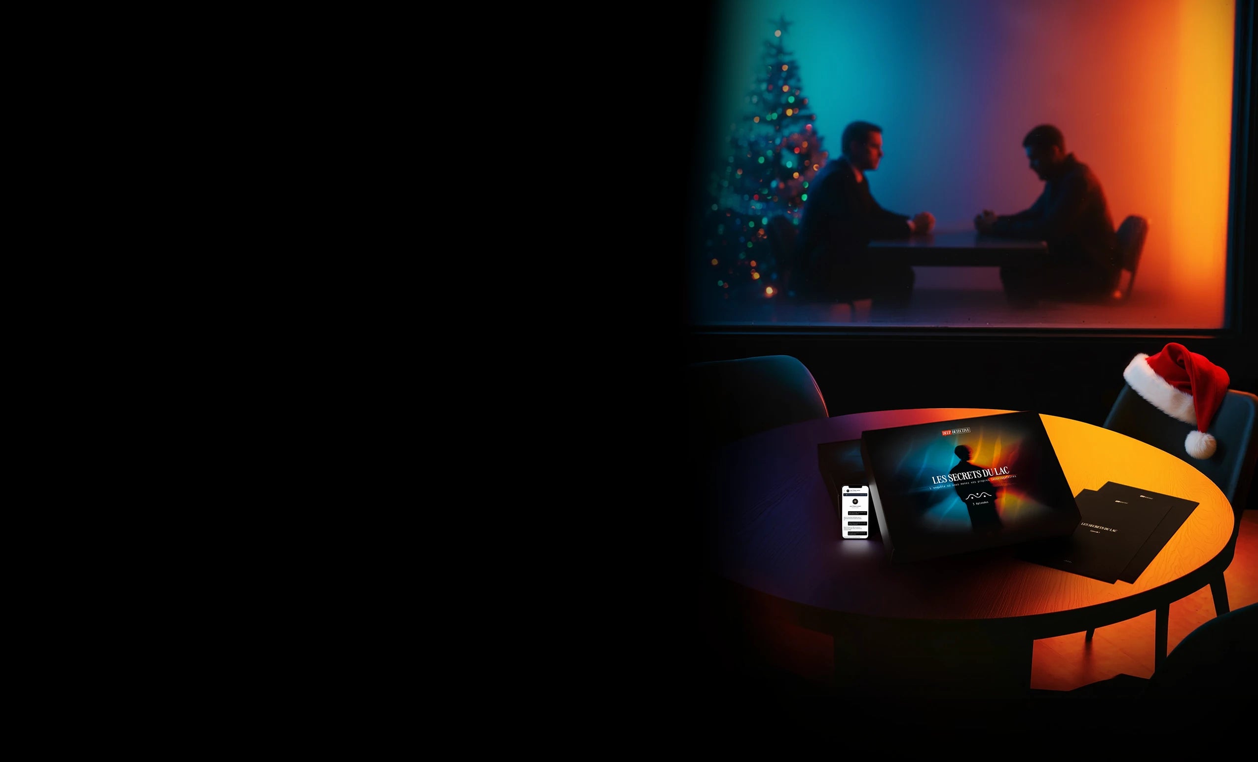 Scène d’interrogatoire immersive issue de la box d’enquête Deep Detective, où le joueur incarne un détective face à un suspect dans une ambiance polar. Noël